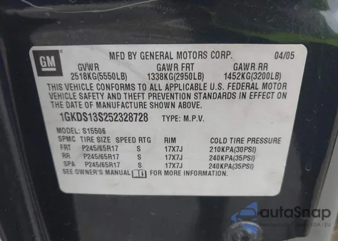 2005 GMC Envoy Sle z USA, uszkodzony, nr VIN 1GKDS13S252328728